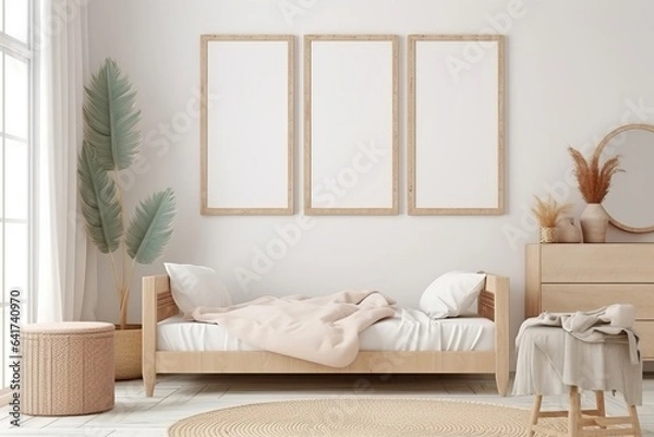 Obraz Mock up frame in children room with natural wooden furniture, Farmhouse style interior background, 3D render, Generative AI