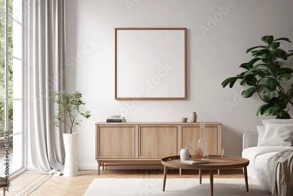 Obraz Mockup frame in Scandinavian living room interior background, 3d render, Generative AI