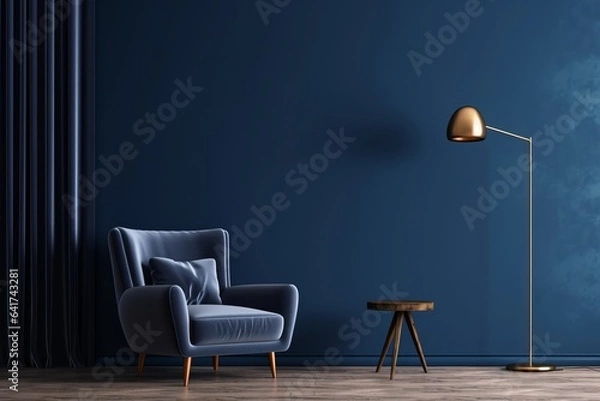 Fototapeta Chair with lamp in living room interior, dark blue wall mock up background, 3D render, Generative AI