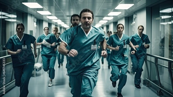 Fototapeta Dynamic shot of medical staff rushing through hospital corridors, epitomizing the urgency and pace of healthcare