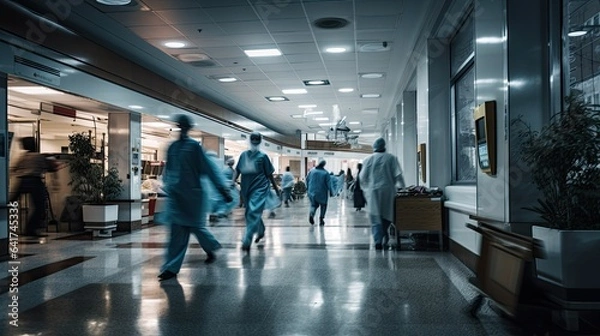 Fototapeta Dynamic shot of medical staff rushing through hospital corridors, epitomizing the urgency and pace of healthcare
