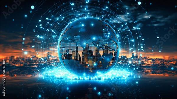 Fototapeta A holographic globe with pins indicating global stock markets, emphasizing worldwide financial interconnectivity