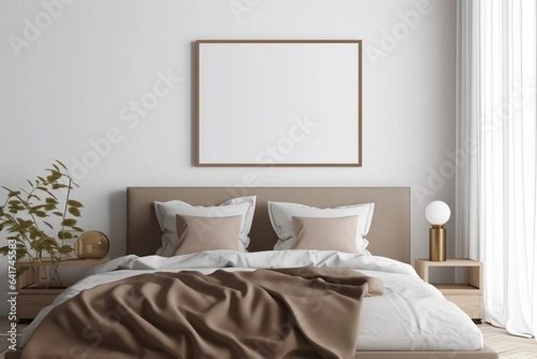 Obraz Mock-up poster frame in bedroom, Scandinavian style, 3d render, Generative AI