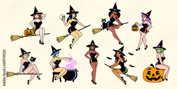 Fototapeta Vector Cartoon Cute Pin Up Witches Set