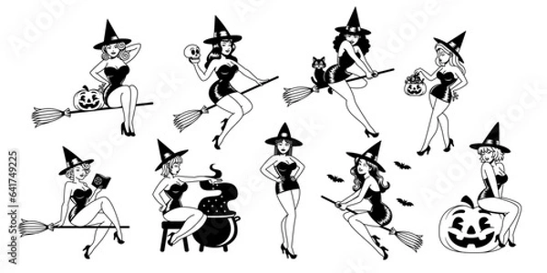 Obraz Vector Cartoon Cute Pin Up Witches Set