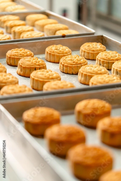 Obraz Mooncake making process. A mooncake  is a Chinese bakery product traditionally eaten during the Mid-Autumn Festival.