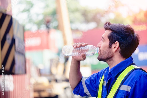 Fototapeta Engineer or worker drinking bottle of water in engineering or construction site after long work hours.
