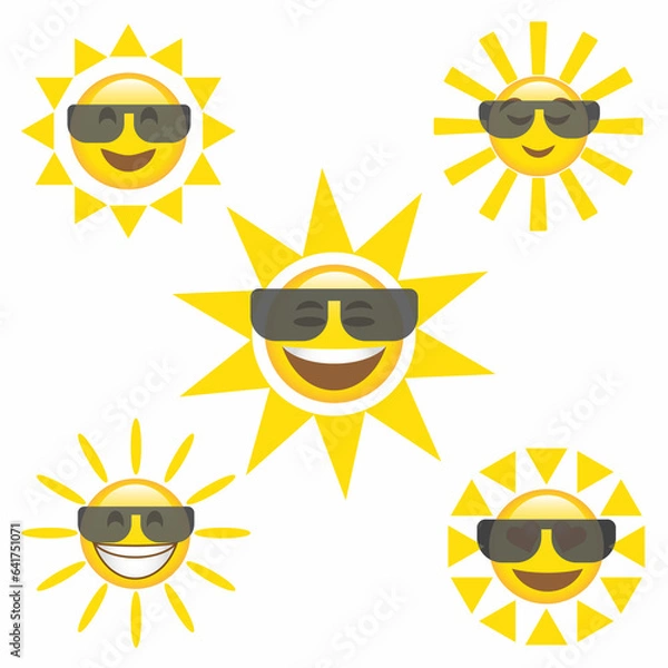 Obraz Smile Sun and sunglasses flat style icon weather and sunshine set. Forecast logo symbol collection. Vector illustration image. Isolated on white background.