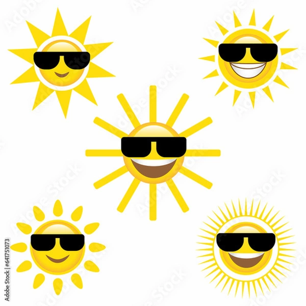 Obraz Smile Sun and sunglasses flat style icon weather and sunshine set. Forecast logo symbol collection. Vector illustration image. Isolated on white background.