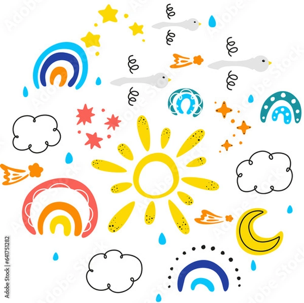 Fototapeta set of weather icons, abstract pattern with doodle elements, set of hand drawn doodles, clouds, rainbow, bird, sun, moon, rain, stars, set for children, children's set with rainbows 