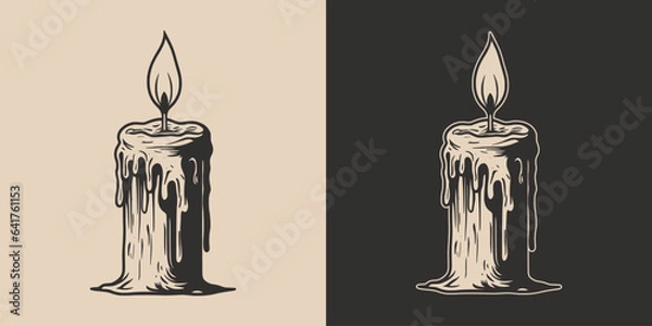 Fototapeta Vintage retro Halloween light candle horror element. Monochrome Graphic Art. Vector. Hand drawn element in engraving. style