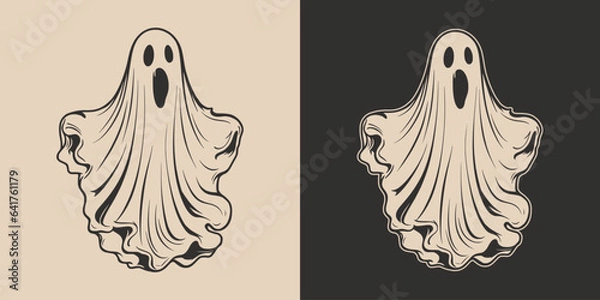 Fototapeta Vintage retro Halloween ghost character cartoon spooky scary horror element. Monochrome Graphic Art. Vector. Hand drawn element