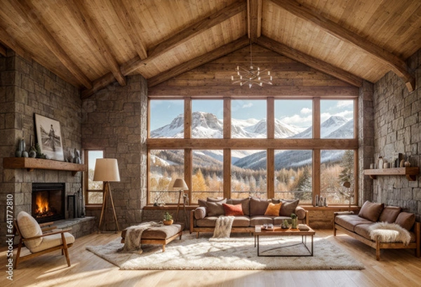 Fototapeta Salon chaleureux avec une cheminée dans un chalet en bois en hiver et vue panoramique sur les montagnes enneigées