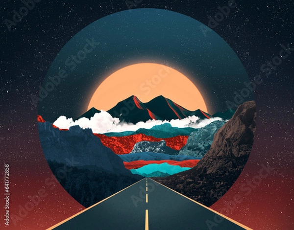 Fototapeta Surreal collage illustration made of torn pieces of vintage photos. Cut out fragments. Contemporary dadaism art. Asphalt road leads to the mountains in front of big bright sunset