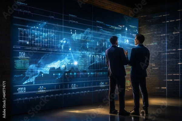 Fototapeta businessman working on large monitors for data analysis