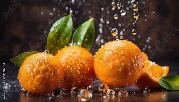 Obraz Fresh ripe oranges with water drops background. Close up of juicy fruit backdrop