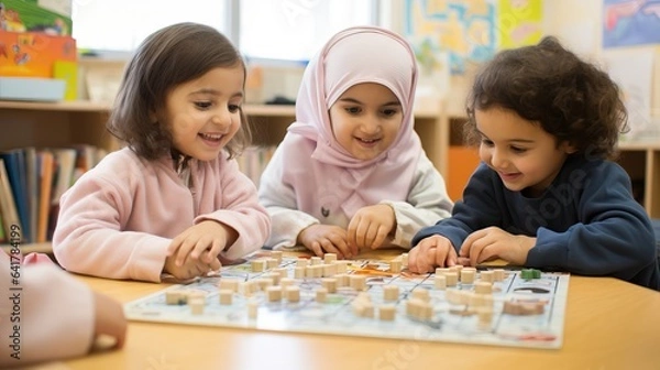 Fototapeta muslim little girls playing at class with friends, bonding cultures, integration concept