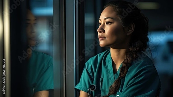 Fototapeta Native American nurse looking contemplatively out of a window, the blue-green reflection capturing the essence of healthcare's highs and lows