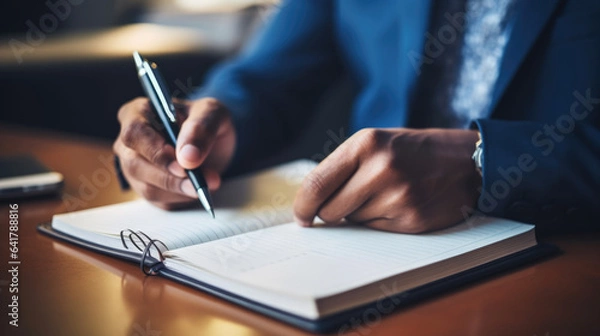 Fototapeta Businesswoman is taking notes in notebook