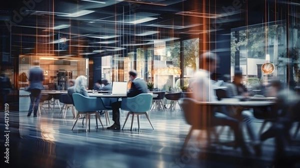 Fototapeta Employee working in office space. Movement filter on blurred office background