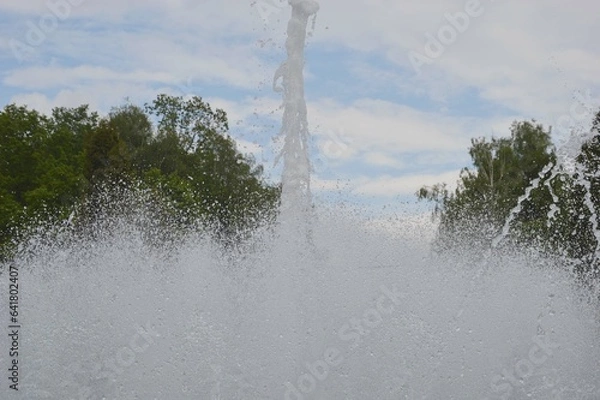 Fototapeta Fountain water jets on a summer day against the backdrop of green trees and blue sky.
