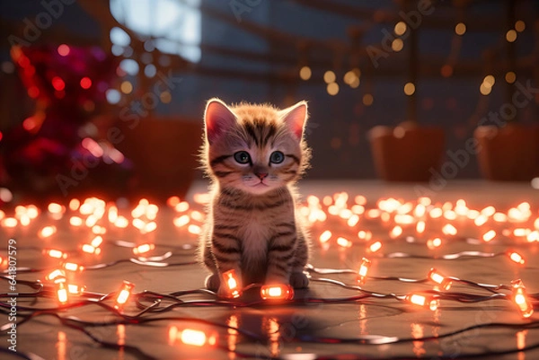 Fototapeta small kitten standing on floor near lighted heart strings