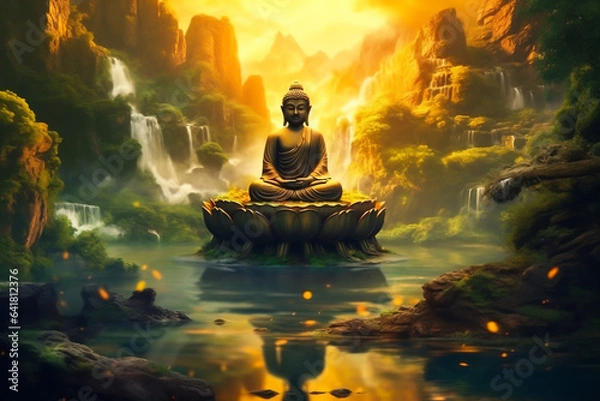 Fototapeta Buddha statue on a lakeside, natural spa background with Asian spirit, tranquility in green nature.  web banner concept with copy space.