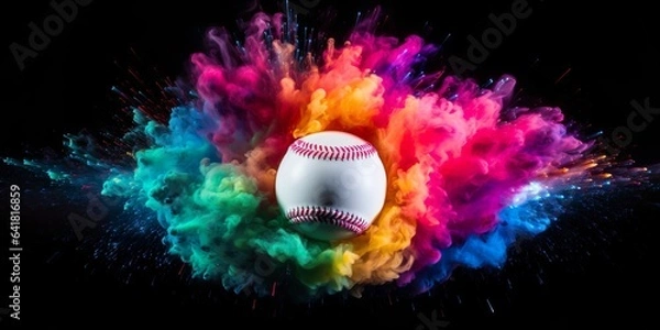 Obraz baseball in explosion of colored neon powder isolated on black background | Generative AI