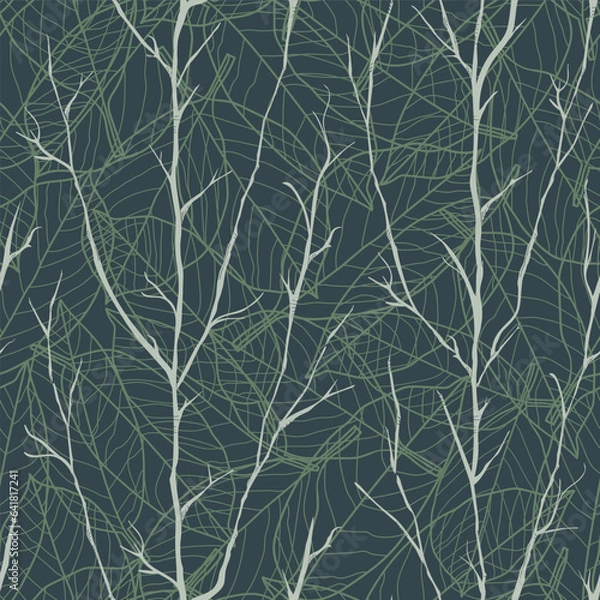 Fototapeta Vector grey branches leaves dark seamless pattern