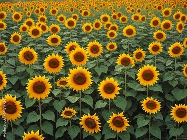 Fototapeta Beautiful sunflowers field on a background. Sunset and blue sky, landscape scenery. Generative AI