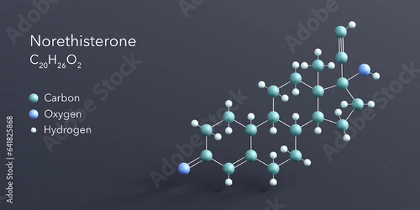 Fototapeta norethisterone molecule 3d rendering, flat molecular structure with chemical formula and atoms color coding