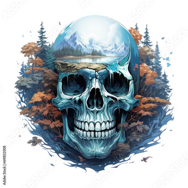 Fototapeta A serene Halloween Skull t-shirt design, showcasing a delicate skull carved from ice, surrounded by a frozen lake, Generative Ai
