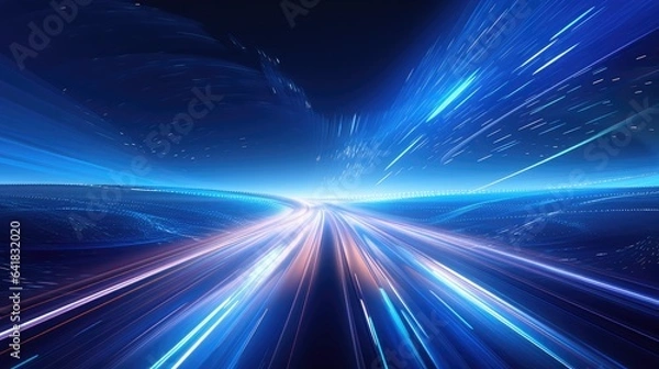 Obraz Colorful light trail illustration. Blue technology background with energy stream. Abstract dynamic flow and data transfer among places concept
