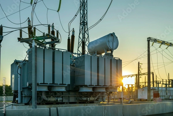 Fototapeta High voltage transformer in the rays of the morning sun. the result of shooting in the direction of sunrise.
