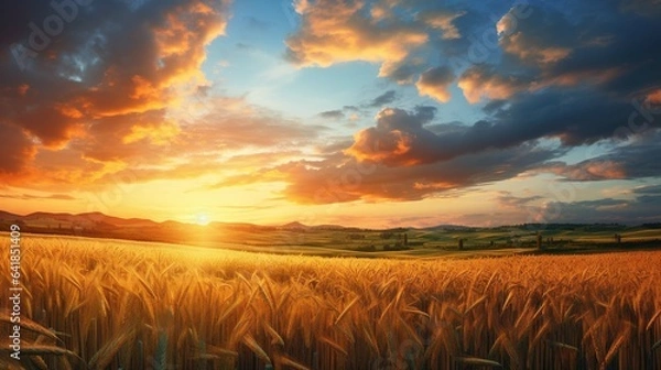 Fototapeta  a field of wheat with the sun setting in the background.  generative ai