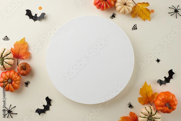 Fototapeta Captivating the spectral essence of the Halloween spirit. Top view shot of colorful pumpkins, autumn leaves, halloween decor on light grey background with blank space for ads or text