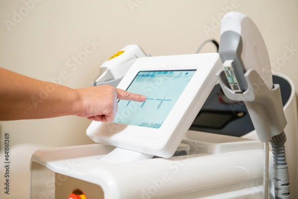 Fototapeta Cosmetologist tries to adjust settings on screen of laser depilation device in private clinic. Dermatologist waits client for laser depilation appointment