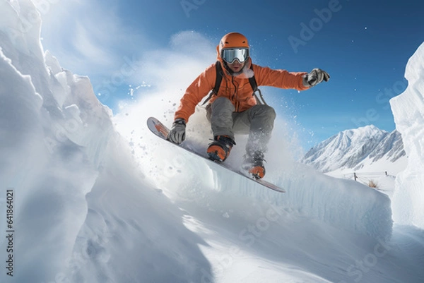 Fototapeta A snowboarder performs tricks on a rail in a terrain park, showcasing skill and creativity in a winter sports challenge. Generative Ai.