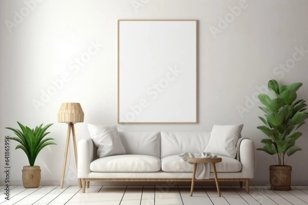 Fototapeta Scandinavian living room interior with blank frame mock up on wall with minimalist furniture couch blanket white