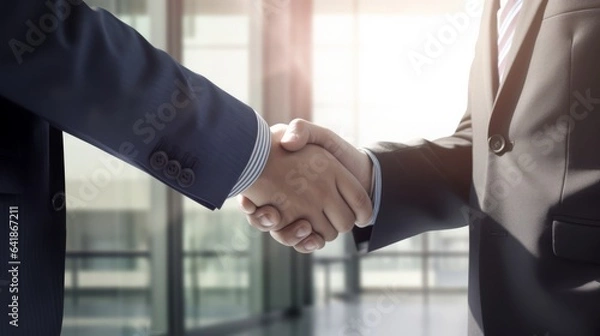 Fototapeta Handshake of two men in business suits, close, against the background of a glass office