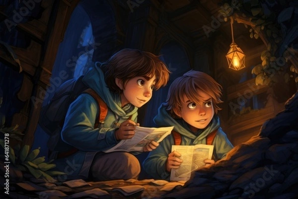 Obraz Cartoon children exploring and solving riddles 