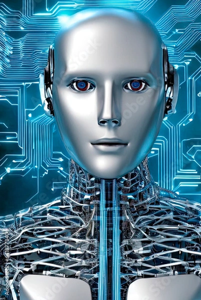Obraz Robot assistant with headphones. Closeup illustration