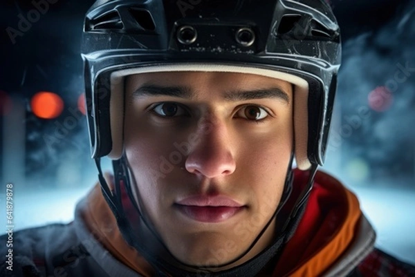 Fototapeta A Hispanic male ice hockey player with a focused expression standing closeup in the midst of an unclear view of the ice rink.