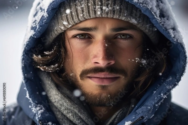 Fototapeta A Hispanic male snowboarder with brown eyes captured in a closeup portrait as he stands still against a defocused backdrop of white and dark blue powdered snow.
