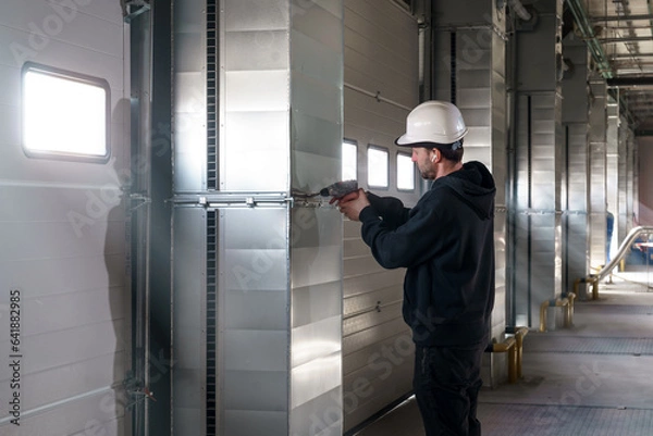 Fototapeta Engineer repairing an unloading gate