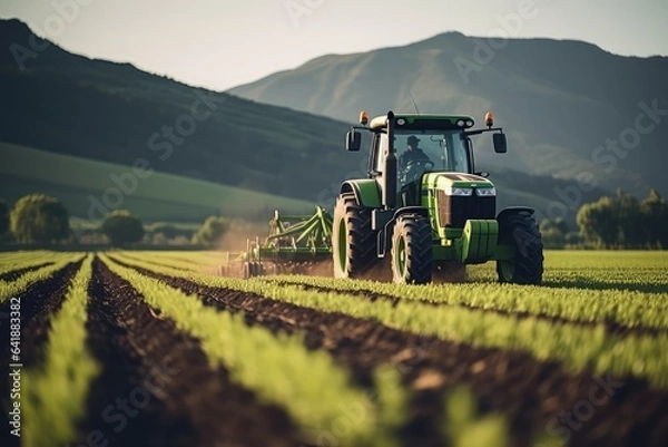 Obraz Tractor plowing a field at sunset