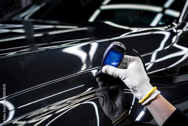 Fototapeta Measuring the thickness of a car paint coating with a thickness gauge
