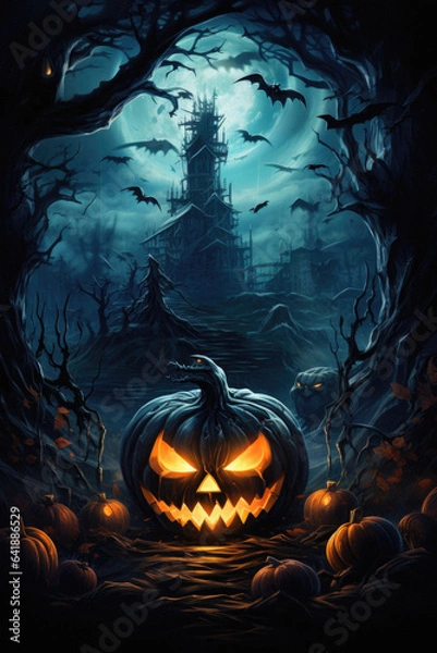 Fototapeta Halloween spooky background, scary jack o lantern pumpkins in creepy dark forest with bats, spooky trees and moon, Happy Haloween ghosts horror gothic mysterious night moonlight backdrop.