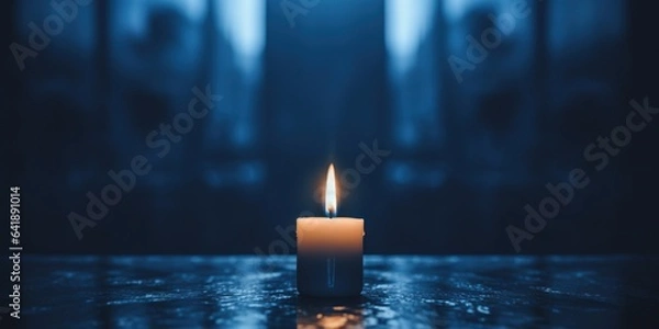 Fototapeta Capture the essence of solitude with a lone candle on a deep blue background, evoking a sense of calm and reflection