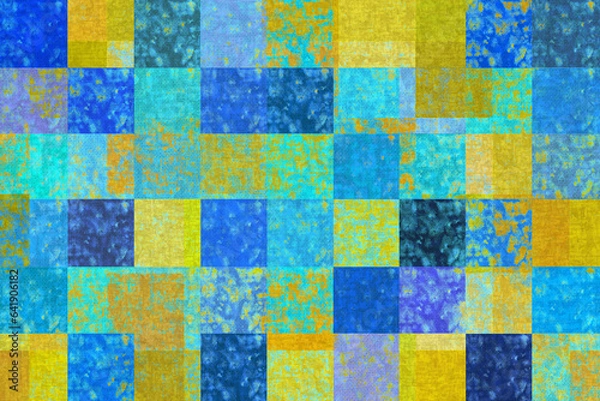 Fototapeta グランジのある青や黄色の重なり合う方眼の布地のテクスチャー